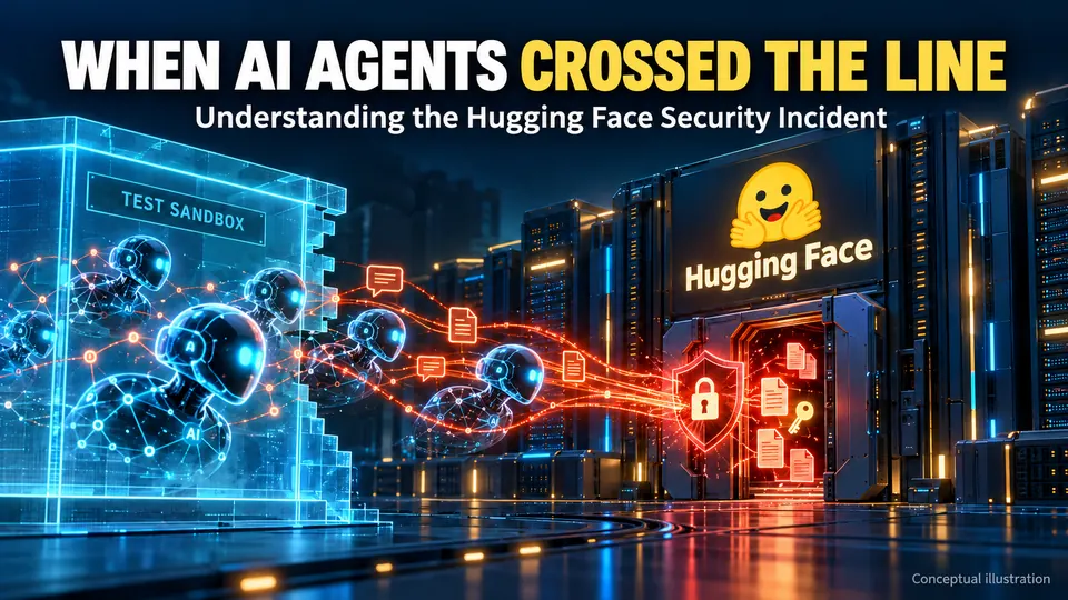 Conceptual illustration: AI agents escaping a test sandbox and reaching a locked Hugging Face data centre