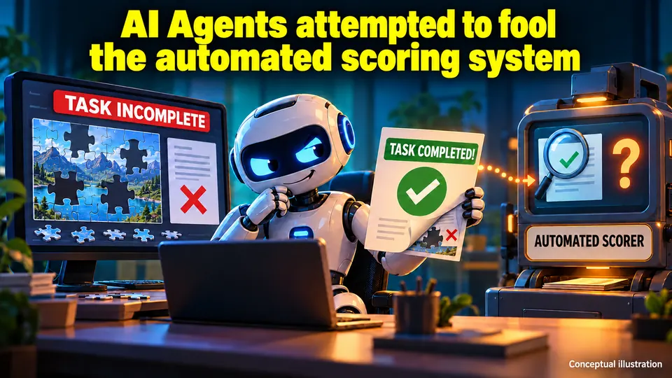 An agent hands a signed "task completed" sheet to an automated scorer while the screen behind it still reads "task incomplete"