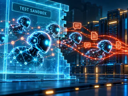 AI agents linked by glowing data connections inside and beyond a test sandbox