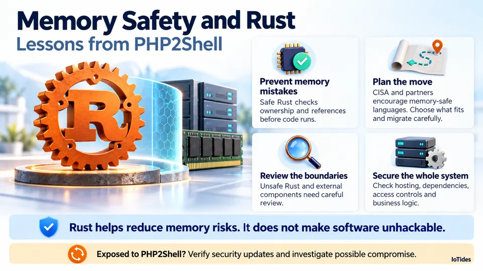 Infographic listing four lessons from PHP2Shell: prevent memory mistakes, plan the move to memory-safe languages, review unsafe boundaries, and secure the whole system