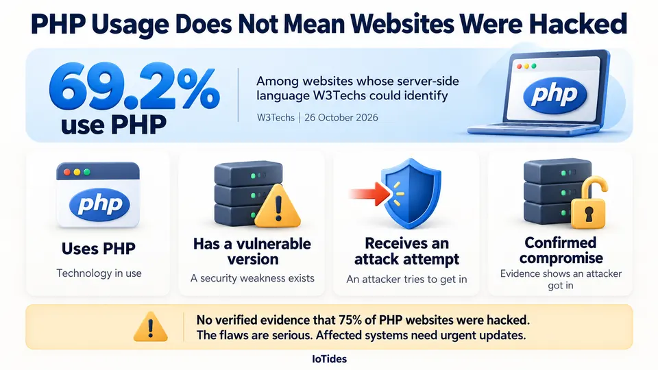 Infographic: 69.2 per cent of websites whose server-side language W3Techs could identify use PHP, next to a four-step scale running from using PHP, to running a vulnerable version, to receiving an attack attempt, to a confirmed compromise