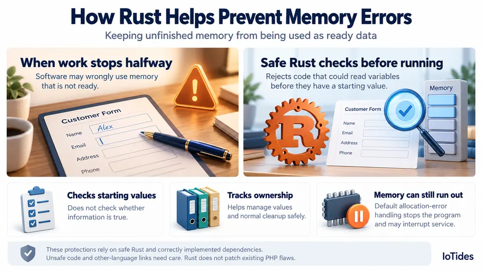 Infographic contrasting a half-filled form being treated as complete with safe Rust rejecting code that reads a value before it has been given a starting value